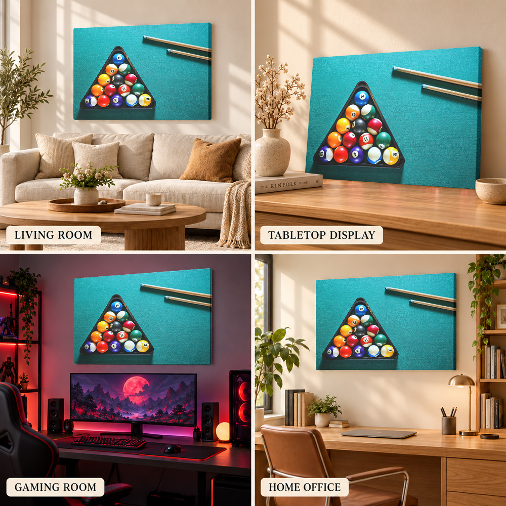 Bolas de bilhar, tacos, quadro - Sports Equipment Poster avaliação e preço